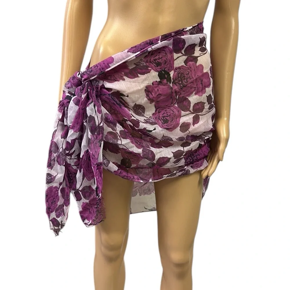 Purple Floral Semi Sheer Long Scarf Wrap Sarong Cover Up 71 x 22.5 inches